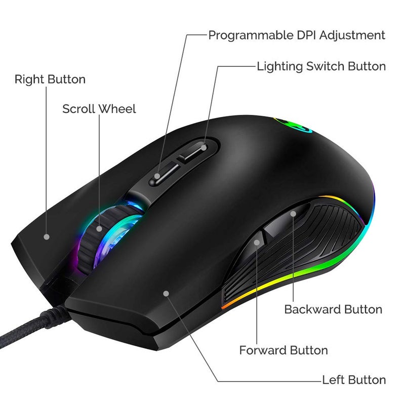 HXMJ RGB LED Gaming Mice,Wired USB C Port for Apple MacBook,Computer or Laptops with Type C Port-Black - Image 2